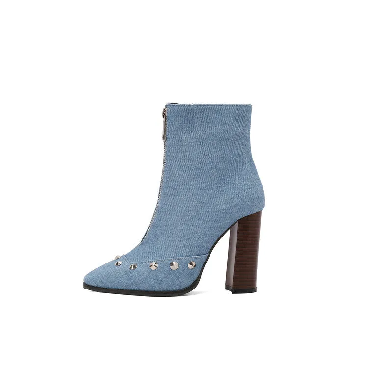 Women's Snake Pattern Rivets Pointed Toe Block Heel Short Boots