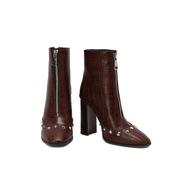 Women's Snake Pattern Rivets Pointed Toe Block Heel Short Boots