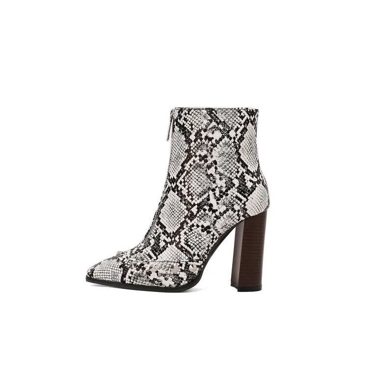 Women's Snake Pattern Rivets Pointed Toe Block Heel Short Boots