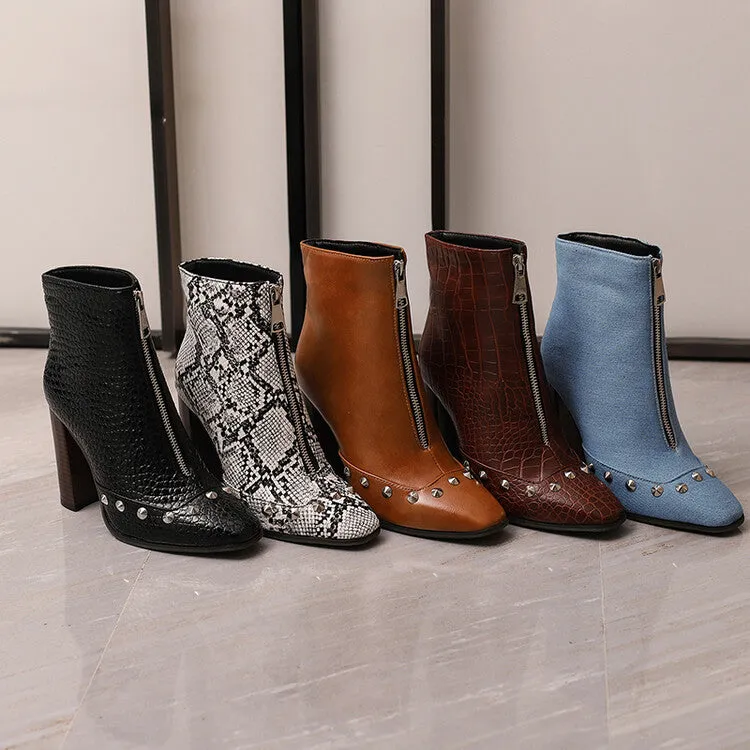 Women's Snake Pattern Rivets Pointed Toe Block Heel Short Boots