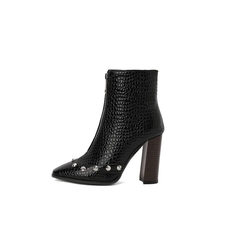 Women's Snake Pattern Rivets Pointed Toe Block Heel Short Boots
