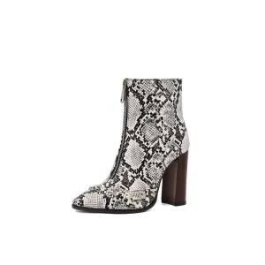 Women's Snake Pattern Rivets Pointed Toe Block Heel Short Boots