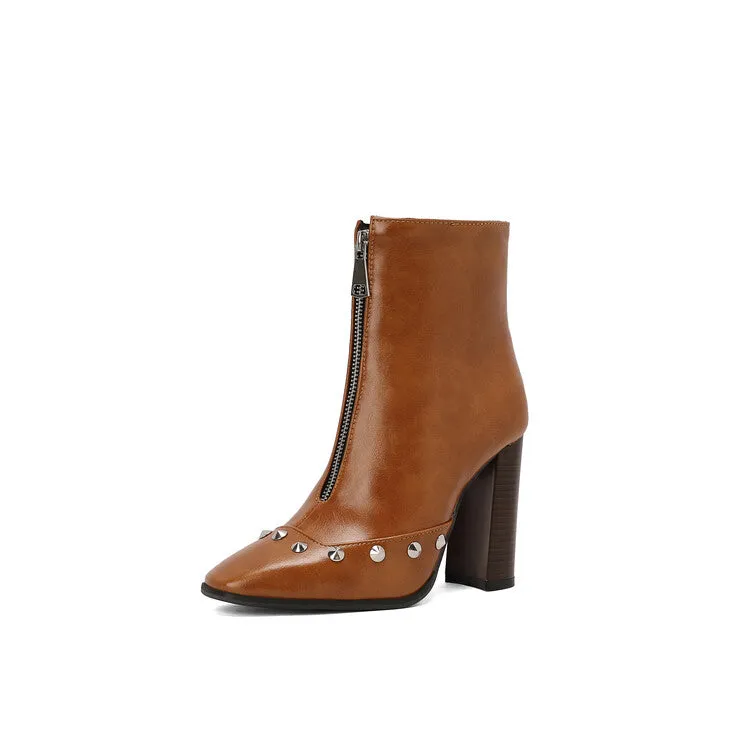 Women's Snake Pattern Rivets Pointed Toe Block Heel Short Boots