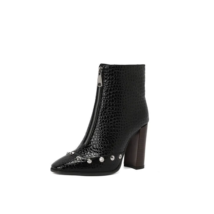 Women's Snake Pattern Rivets Pointed Toe Block Heel Short Boots