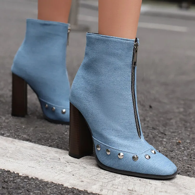 Women's Snake Pattern Rivets Pointed Toe Block Heel Short Boots