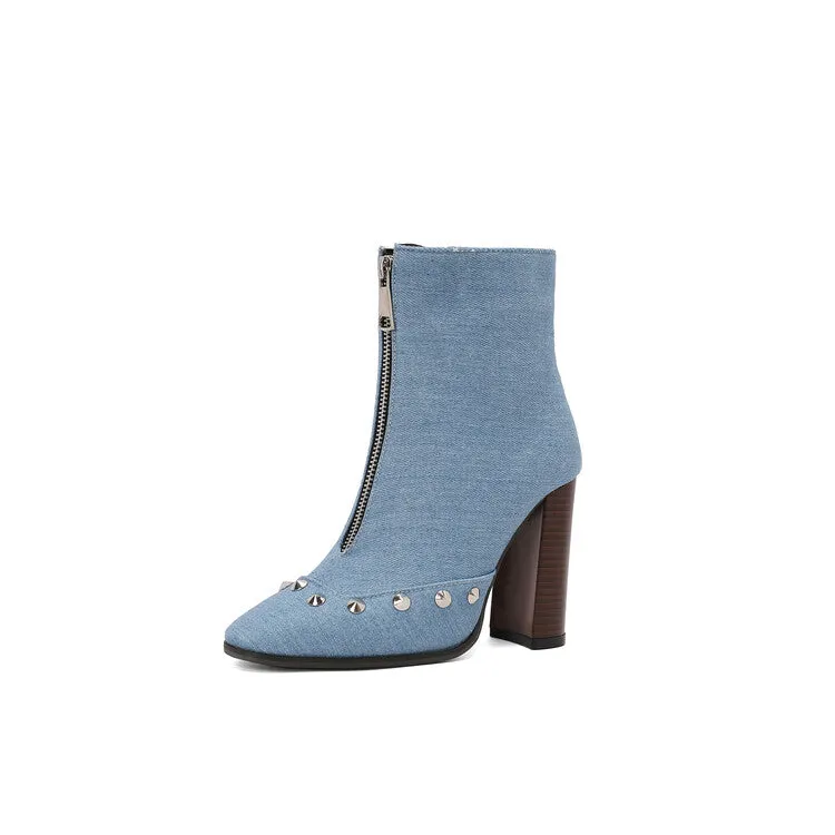 Women's Snake Pattern Rivets Pointed Toe Block Heel Short Boots