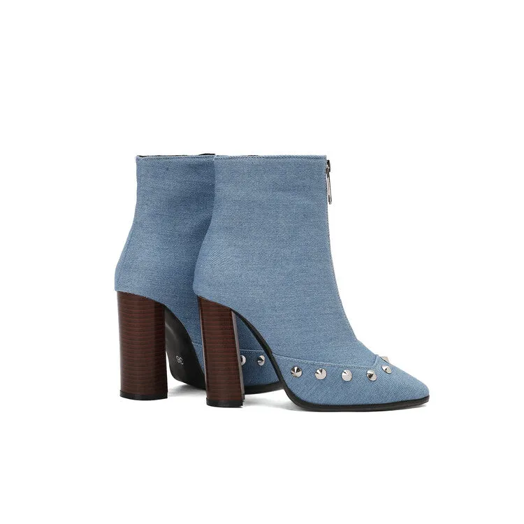 Women's Snake Pattern Rivets Pointed Toe Block Heel Short Boots