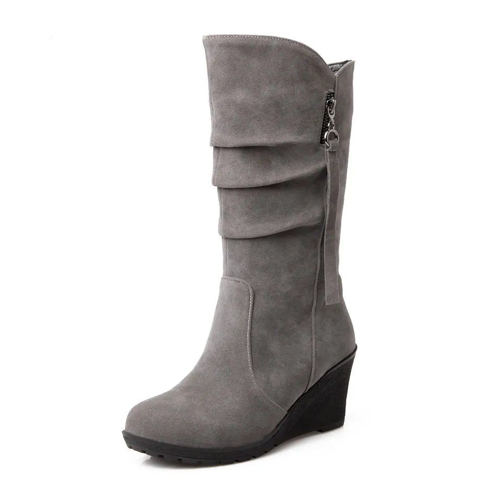 Women's Suede Platform Wedges Heel Mid Calf Boots