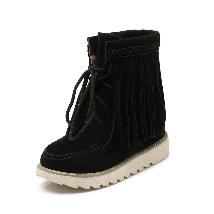 Women's Suede Stitching Tassel Lace Up Flat Short Boots