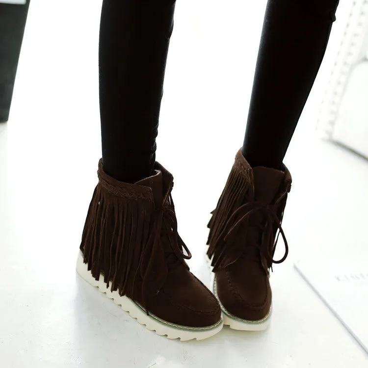 Women's Suede Stitching Tassel Lace Up Flat Short Boots