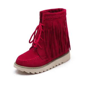 Women's Suede Stitching Tassel Lace Up Flat Short Boots