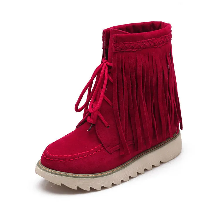 Women's Suede Stitching Tassel Lace Up Flat Short Boots