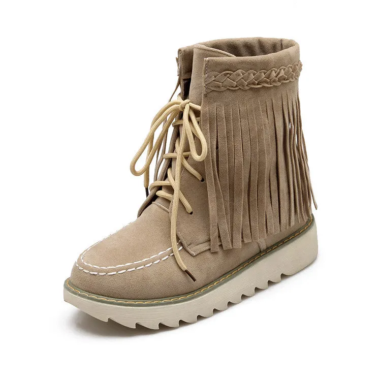 Women's Suede Stitching Tassel Lace Up Flat Short Boots