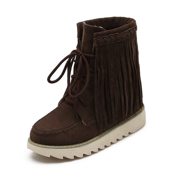 Women's Suede Stitching Tassel Lace Up Flat Short Boots