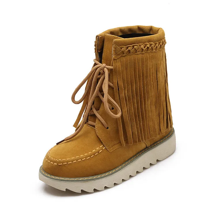 Women's Suede Stitching Tassel Lace Up Flat Short Boots