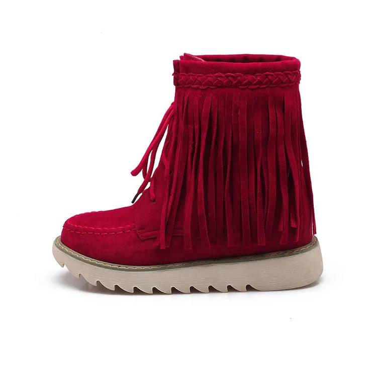 Women's Suede Stitching Tassel Lace Up Flat Short Boots