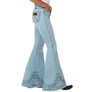 WranglerLight Wash Greta Flare Leg Jeans with Aztec Embroidered Hem Size 29x34