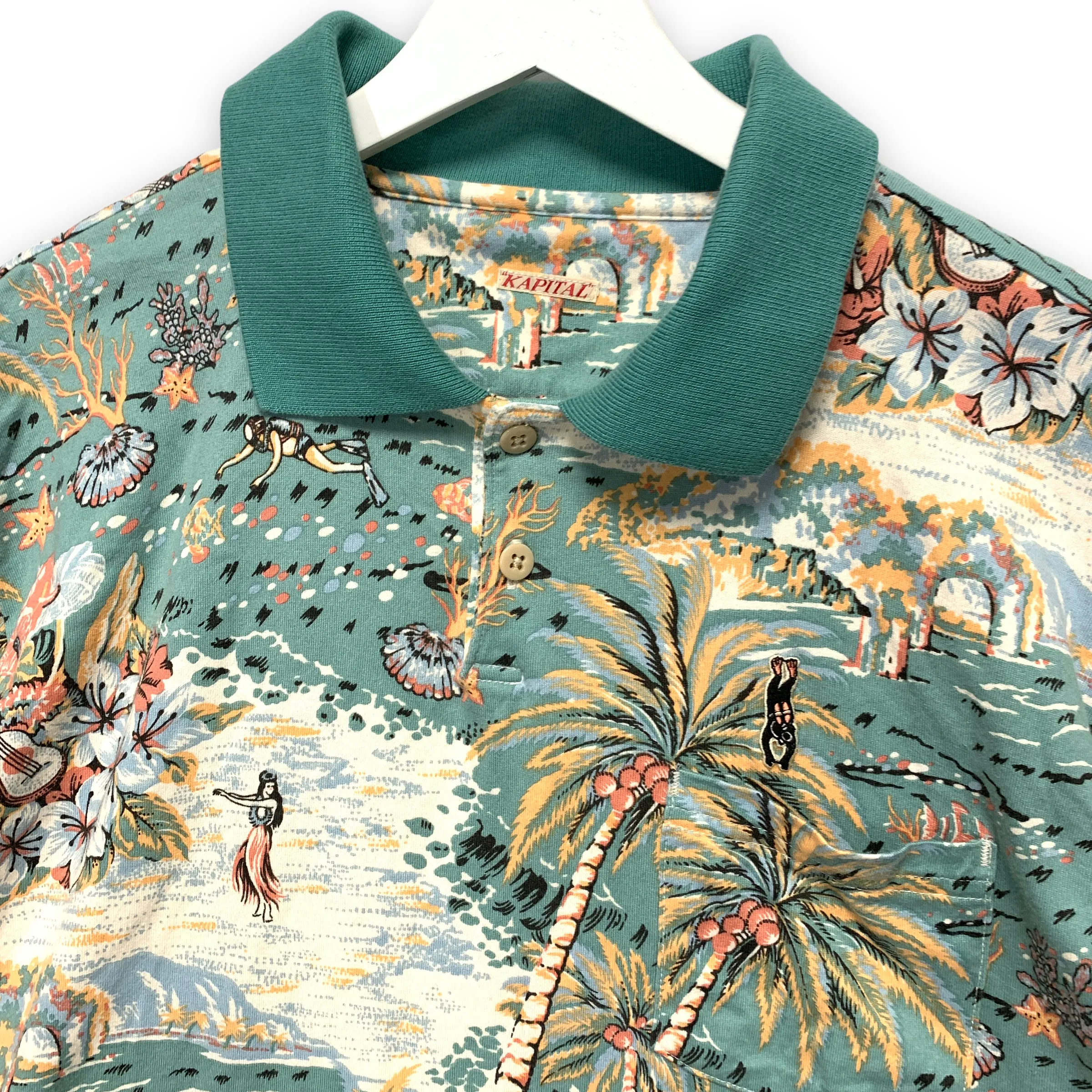 [XL] Kapital Hula Girl Aloha Diver Print Pocket Polo Shirt